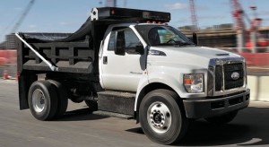 Photo of an upgraded 2018 Ford F-650 Medium Duty Truck upfitted with a dump body, which arrives at Borgman Commercial in Grand Rapids, MI fall 2017